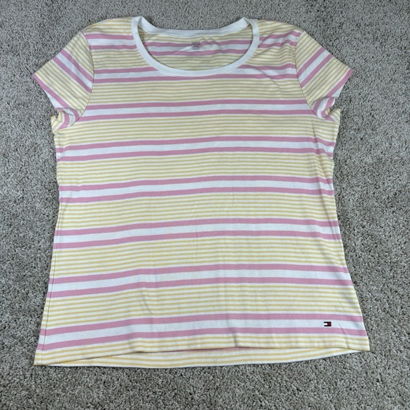 Tommy Hilfiger Tops - Tommy Hilfiger T Shirt Womens Short Sleeve Striped Pink Yellow Cotton Size XXL